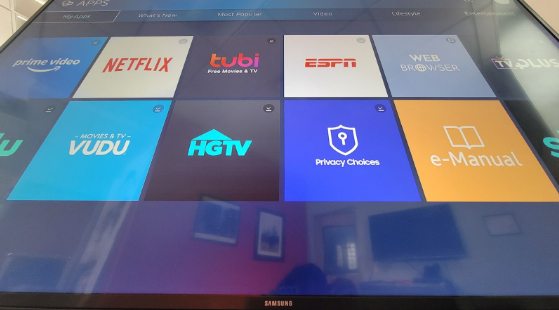 Screenshot of a Smart Television. Streaming apps such as Tubi, ESPN, Vudu, and Prime Video are displayed.